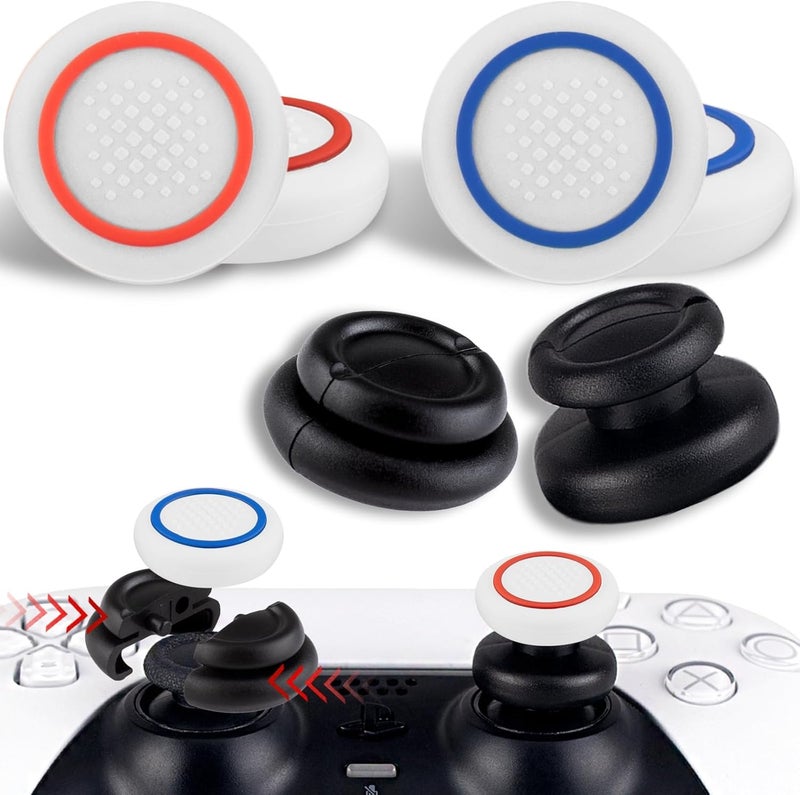 PlayRealm NO Falling Off Thumbstick Extender x 2 & Thumb Grip x 4 for PS5 & PS4 Controller (White Red & Blue Ring) - Image 1
